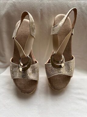Woven Platform Slingback Sandals in Beige with Metallic Accent